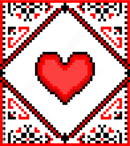 Ethnic red black ornament for embroidery, decorating clothes, table-cloth, textile with red heart. Slavic traditional geometric pattern for cross stitching. Part 5