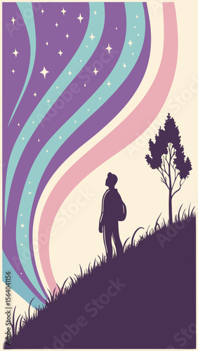 Silhouette of a person gazing at a cosmic rainbow on a white background