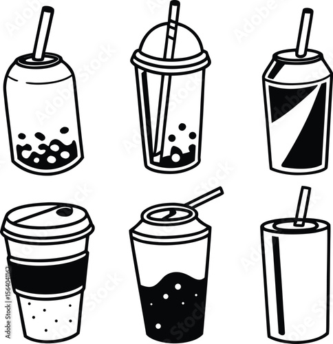 Six Black and White Drink Container Illustrations Soda Can Coffee Cup Boba Tea Plastic Cup vector