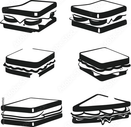 Six Black and White Sandwich Illustrations Simple Food Icons Graphic Design Elements sandwiches bread
