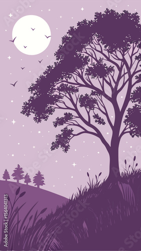 Silhouette of a tree under a moonlit sky with birds and stars in purple tones