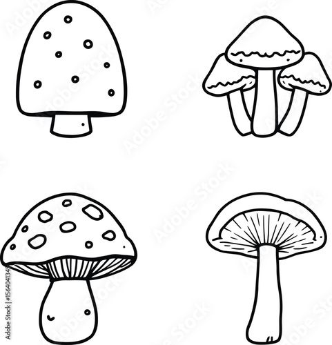 Black-and-White Vector Illustration of Mushroom Icons – 4-Element Botanical Fungi Mini Set