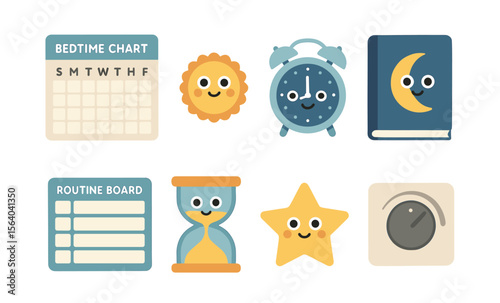 Children's bedtime routine essentials including reward sticker, night clock, and storybook for a peaceful sleep