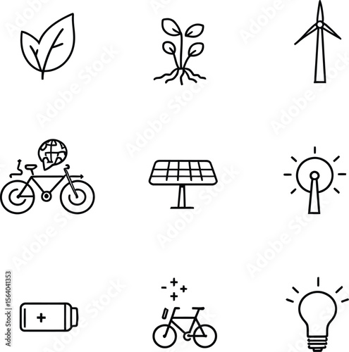Black-and-White Vector Illustration of Eco Living & Clean Energy Icons – 9-Item Sustainability Grid
