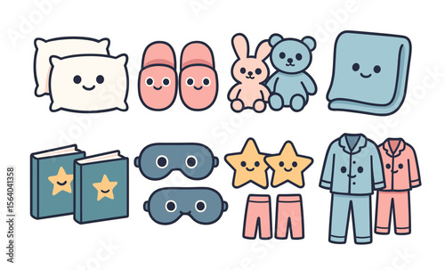 Cute bedtime icons: pillows, pajamas, teddy bears, and more cozy elements for a relaxing night
