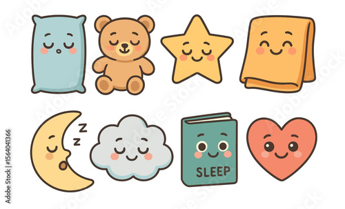 Cute cartoon bedtime icons: pillow, teddy bear, star, blanket, moon, cloud, book, heart