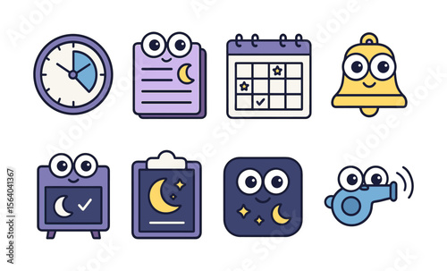 Cute sleep and schedule icons: clock chart, bedtime planner, routine calendar, sleep bell