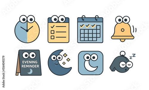 Sleep and routine icons: clock chart, bedtime planner, night tracker, sleep schedule, reminder board