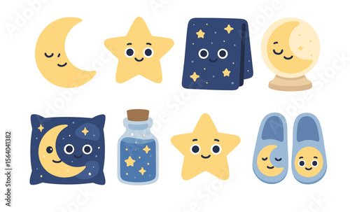 Cute cartoon nighttime objects with moon and stars: cozy decor and adorable accessories