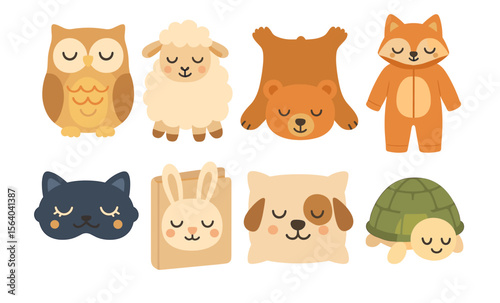 Cute cartoon animals sleeping: owl, sheep, bear, fox, cat mask, rabbit, dog pillow, turtle