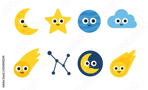Cute celestial cartoon icons: moon, star, cloud, planet, comet, constellation designs