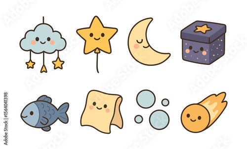 Whimsical celestial nursery icons featuring cloud, star, moon, and more with adorable facial expressions