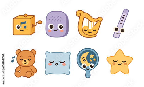 Cute musical instruments and toys with smiling faces for children's bedtime