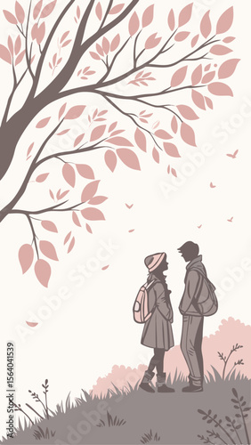 Silhouette of couple under a tree with leaves suitable for greeting cards design