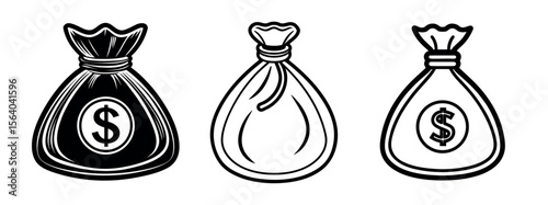 Minimal Black Silhouette Money Bag and Coin Icon with Dollar Symbol Vector Style Design