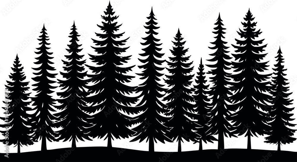 Fototapeta premium Vector art of a dense silhouette of evergreen trees creates a serene forest landscape isolated on white background