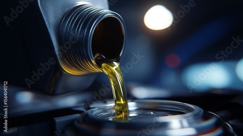 Close-up view of oil canister pouring golden oil into engine with slow-motion flow showcasing sharp metal contrast in a well-lit garage environment