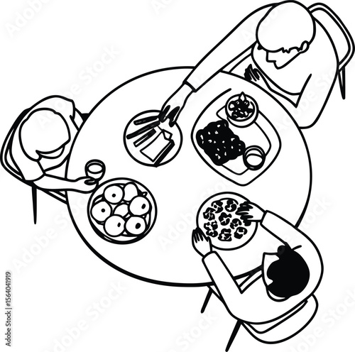 Three People Sharing a Meal Around a Round Table Top View Black and White Line Art Illustration food