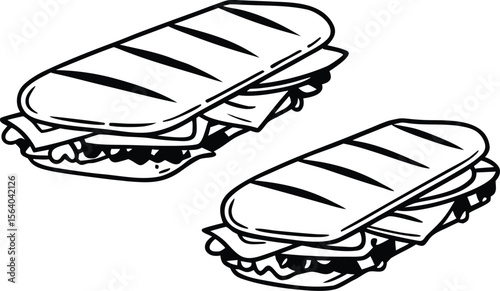 Two Black and White Line Drawings of Sub Sandwiches on White Background bread roll