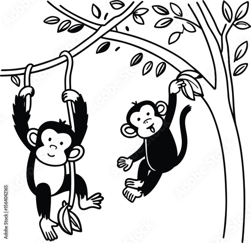Two Black Monkeys Swinging from Vines in a Tree Cartoon Illustration Black and White Simple Design apes