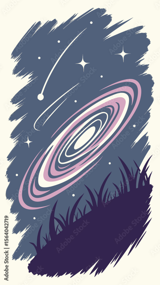 Stylized galaxy and comet illustration with textured background and decorative elements