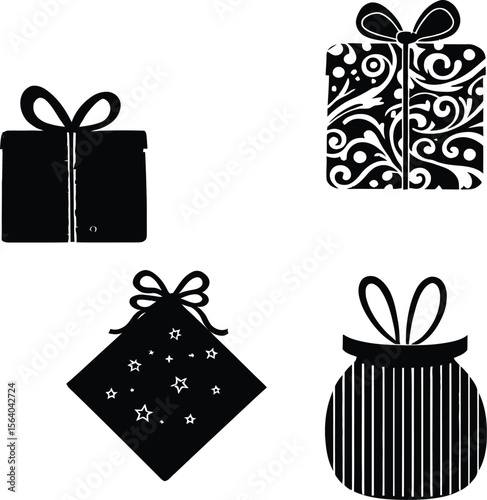 Whimsical Gift Icons — Silhouette Set Featuring Square, Round, Diamond, and Rectangular Boxes with Bows and Decorative Patterns