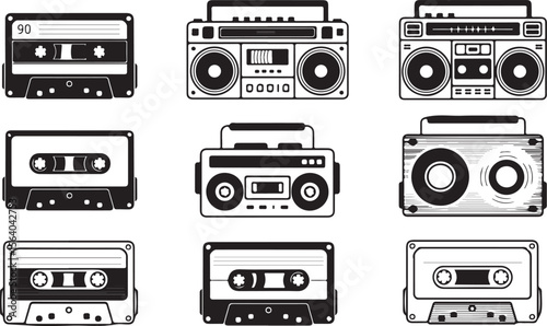 Silhouette of Retro Boombox and Cassettes Vector Illustration