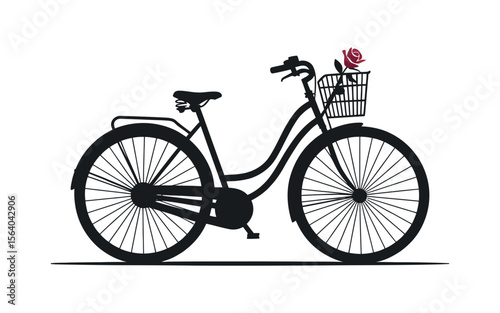 Vintage Bicycle Silhouette with a Rose in a Basket Black silhouette bicycle rose front basket bicycle bike silhouette vintage retro classic illustration drawing