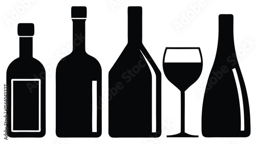 Collection of Wine Bottles and Glass Elegant Black Silhouettes for Design Projects