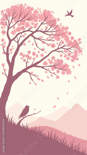 Tranquil cherry blossom tree silhouette with a bird and gentle mountain landscape