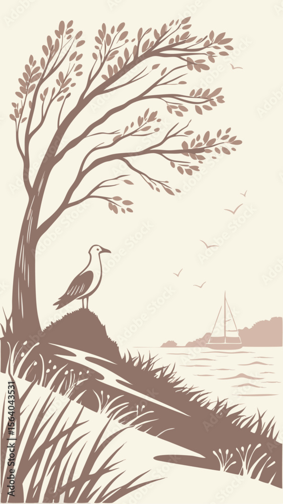 Fototapeta premium Tranquil coastal scene featuring a seagull tree and sailing boat on a transparent background