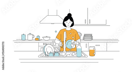 A Person Washing Dishes in the Sink with Utensils and Plates on the Countertop