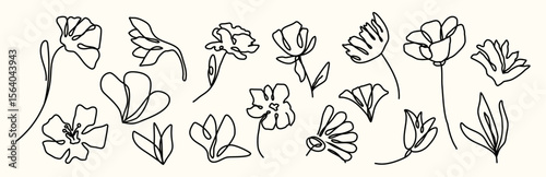 Set of flowers in line style. Editable stroke. Botany. Design elements. Print. Tattoo. Doodle ink. Bouquet. Grunge chalk. Mark scribble. Minimalist decor. Wedding silhouette. Outline. Curved plant.
