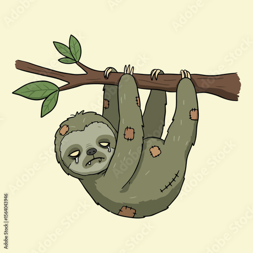 Sad Zombie Sloth Hanging from Tree Branch – Cute Creepy Halloween Vector Illustration of Undead Sloth with Tears, Stitches, and Tattered Patches