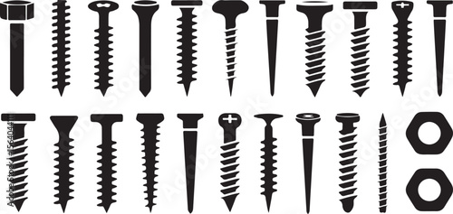 Silhouette of Assorted Screws and Nuts Vector Illustration