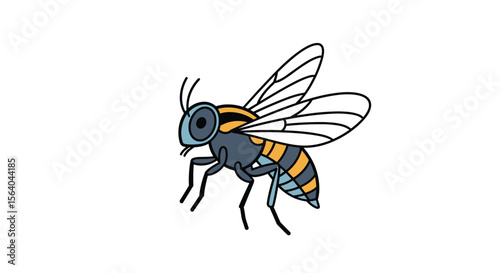 Detailed Illustration of a Hoverfly with Transparent Wings and Striped Abdomen Captured in Mid Flight
