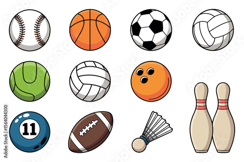 Collection of Cartoon Sport Balls and Equipment Colorful cartoon illustrations various sports equipment sports balls baseball basketball soccer volleyball tennis ball bowling ball