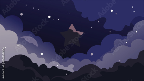 Vector illustration of a stylized night sky with clouds and a central star design