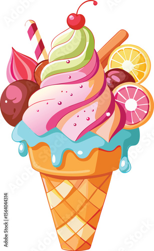 Swirled ice cream cone with fruit and candy soft serve vector icon