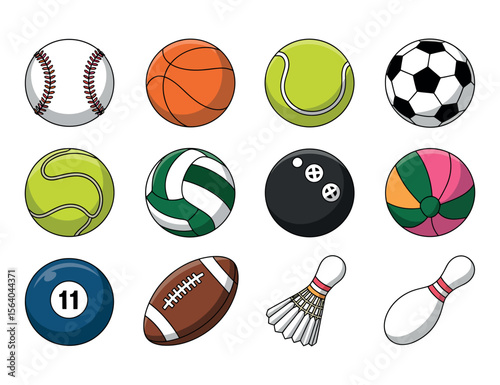 Collection of Colorful Cartoon Sport Balls and Equipment Simple cartoon illustrations various sports equipment sports balls baseball basketball tennis ball soccer ball volleyball