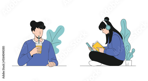 Illustrations of People Enjoying Leisure Activities with Drinks and Books