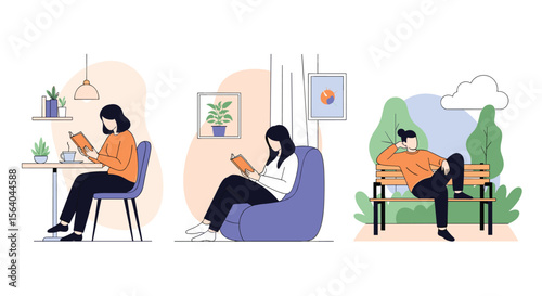 Digital Leisure Time Activities People Enjoying Personal Pursuits in Various Relaxing Settings