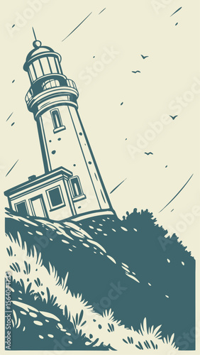 Vintage coastal lighthouse illustration with birds and textured coastal environment