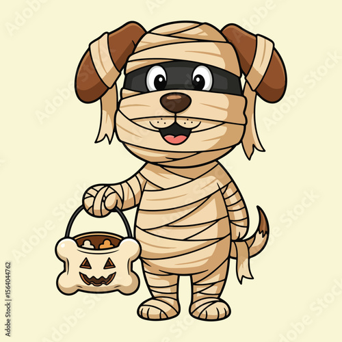 Cute Halloween Mummy Dog with Candy Bucket – Funny Cartoon Puppy Dressed in Bandages for Trick-or-Treat, Fall Holiday Vector Illustration