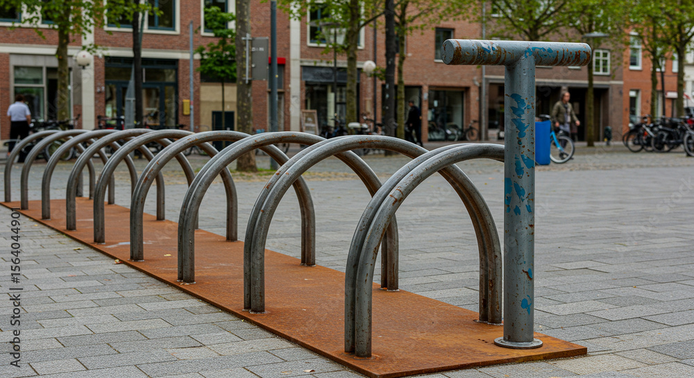Naklejka premium Street Furniture Modern Bicycle Rack Design in City Streetscape Sustainable Urban Cycling Infrastructure