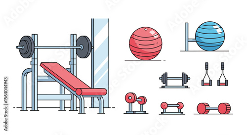 Collection of Gym Equipment for Strength Training and Fitness Workouts Showing Weightlifting Bench Dumbbells Stability Balls and Resistance Bands