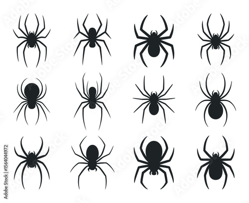 Collection of Simple Black Spider Silhouettes on a White Background Nine spider silhouettes arranged grid pattern spider silhouette black white insect arachnid pattern
