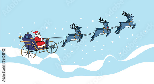 Santa Claus Flying Through the Winter Sky on a Sleigh Pulled by Reindeer Delivering Presents During the Christmas Holiday Season