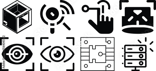 Collection of black and white artificial intelligence icons representing technology and innovation isolated on transparent background.