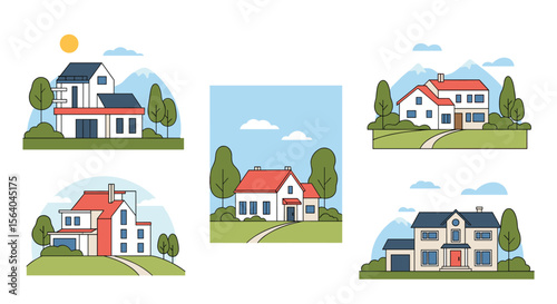 Diverse Collection of Charming Residential Homes Set Against Picturesque Landscapes Illustrating Architectural Variety